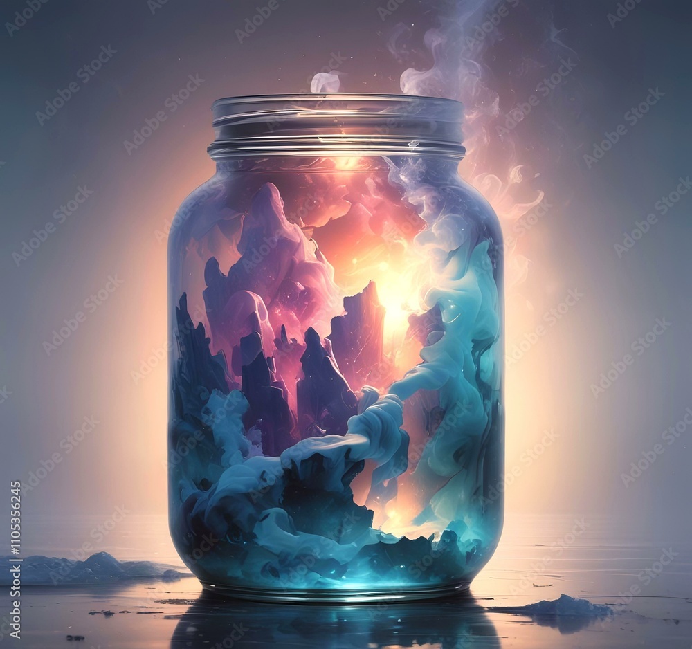 Illustration of glowing and magic dramatic smoke in jar with water reflection. Illustration of glowing and magic dramatic smoke in jar with water reflection.