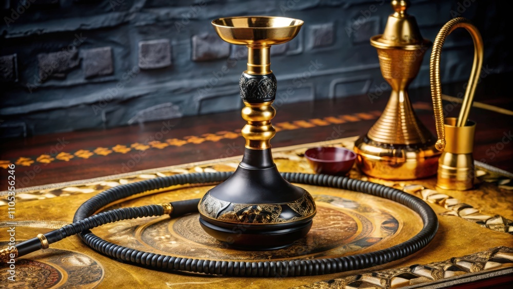 Elegant Black and Gold Hookah with Intricate Designs on a Wooden Table Elegant Black and Gold Hookah with Intricate Designs on a Wooden Table