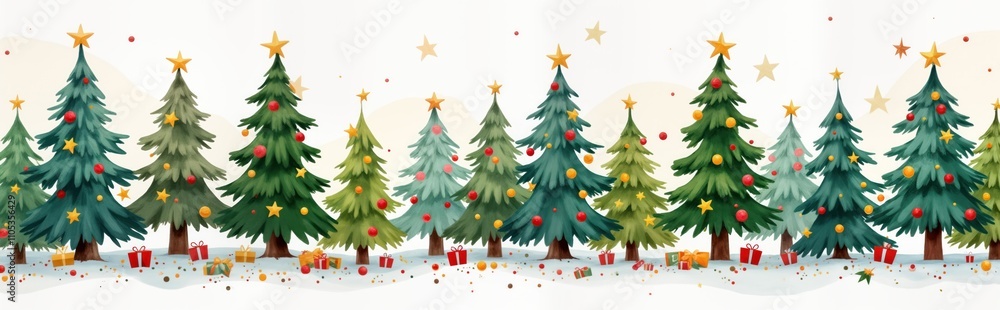 Fototapeta premium Watercolor illustration shows Christmas scene with many decorated fir trees in row. Trees decorated with colorful balls, golden stars. Small gift boxes scattered around base of trees. Scene set on