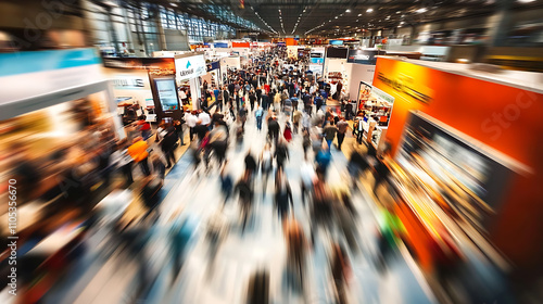 Colorful trade show floor bustling with activity