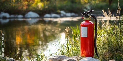 Red watercourse fire extinguisher positioned and ready for use outdoors, ensuring safety and preparedness in case of emergencies involving fire hazards near watercourses. photo