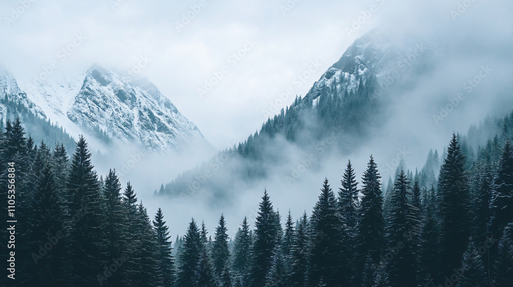 A vast snowy mountain range with tall pine trees and mist rolling over the peaks. A vast snowy mountain range with tall pine trees and mist rolling over the peaks.