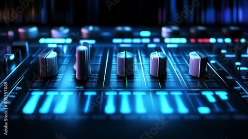 Digital image of an equalizer and sound waves against a black background representing electronic music and sound technology photo