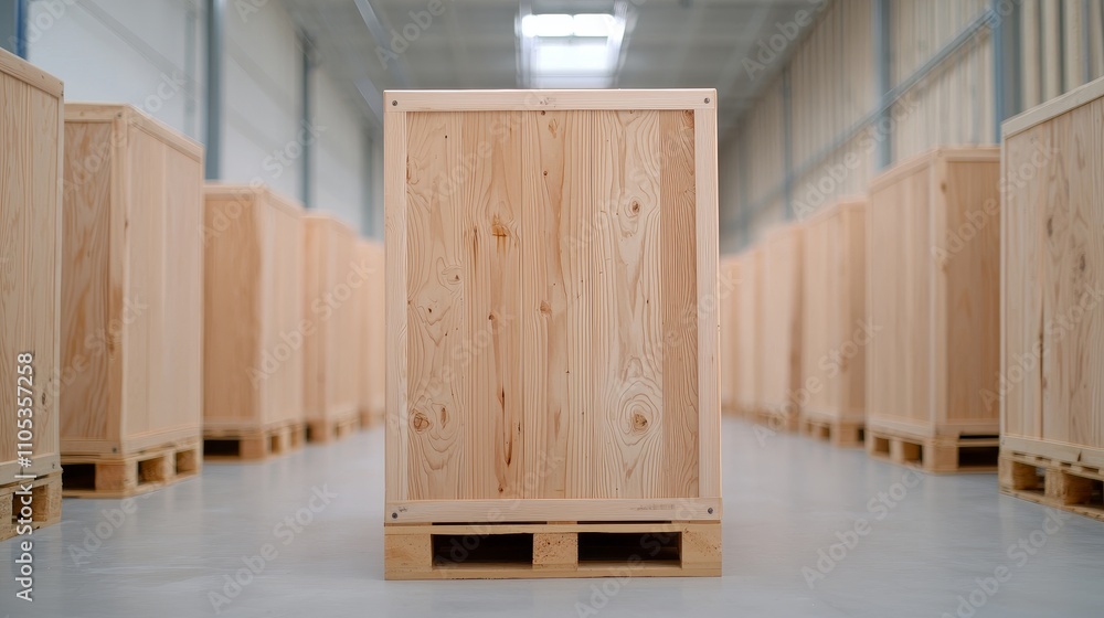 A wooden crate sits prominently in a warehouse filled with similar crates, showcasing a minimalist and organized storage environment. A wooden crate sits prominently in a warehouse filled with similar crates, showcasing a minimalist and organized storage environment.