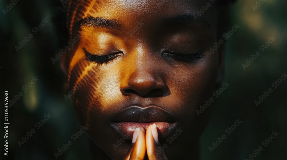 A serene young Black woman with closed eyes, praying with hands together, bathed in soft light. A serene young Black woman with closed eyes, praying with hands together, bathed in soft light.