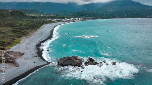 Beautiful shoreline view of Sanxiantai in Taiwan with dramatic waves and rocky formations photo