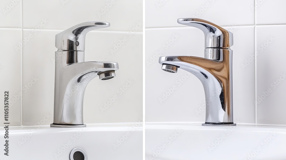 Faucet shown before and after cleaning with a specialized detergent demonstrating the removal of hard water stains and calcium buildup Faucet shown before and after cleaning with a specialized detergent demonstrating the removal of hard water stains and calcium buildup