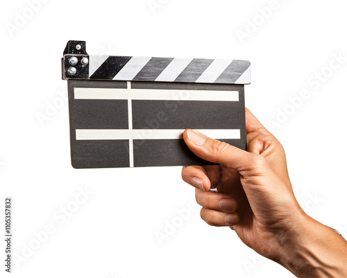 a hand holding a movie clapper board