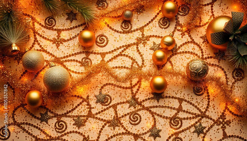 Close-up of Festive Christmas Decoration with Gold Ornaments