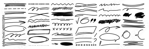 Hand drawn strikethrough and squiggles lines asset. Crosses, curved and trendy scribble brush strokes. Isolated vector illustration