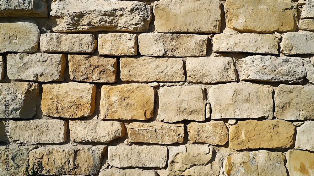 Obraz premium An image of beige sandstone wall cladding, with multiple horizontal overlapping bricks