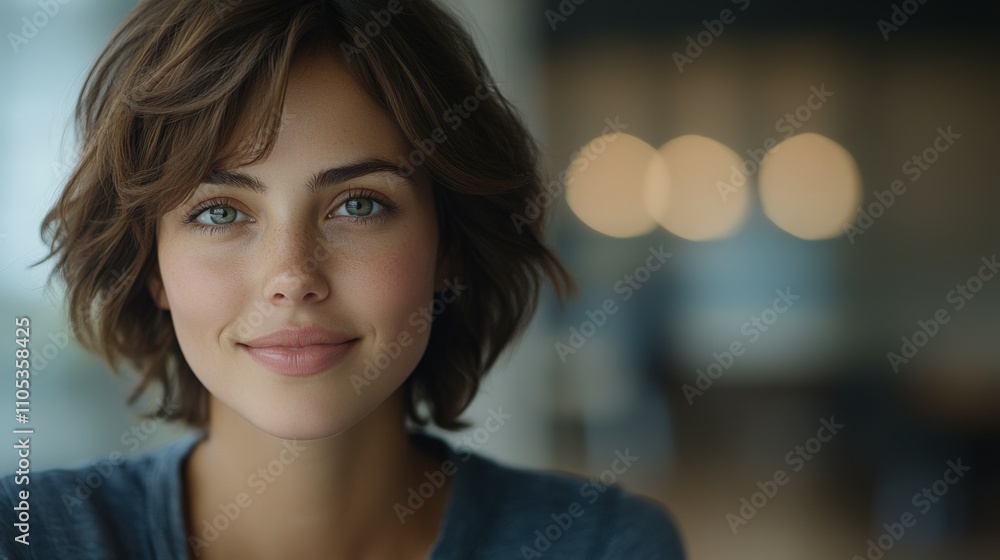 Fototapeta premium Smiling woman with medium-length hair in a bright setting