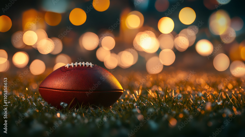 American football on grass field at night with blurred stadium lights in the background American football on grass field at night with blurred stadium lights in the background