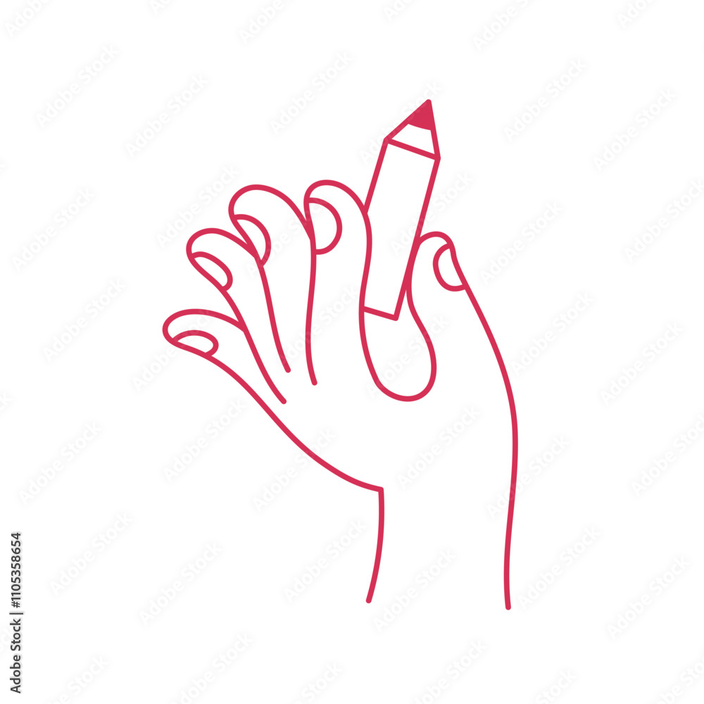 Vector simple linear illustration, hand poster, logo, print design template, hand drawn hand holding pencil and gesture in minimal modern art style Vector simple linear illustration, hand poster, logo, print design template, hand drawn hand holding pencil and gesture in minimal modern art style