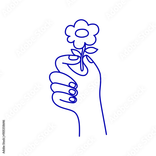 Vector simple linear illustration, hand poster, logo, print design template, hand drawn hand holding flower, gesture in minimal modern art style