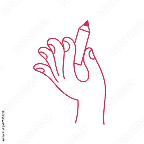Vector simple linear illustration, hand poster, logo, print design template, hand drawn hand holding pencil and gesture in minimal modern art style
