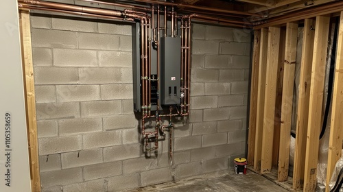 Sleek tankless water heater mounted on a clean basement wall, with copper pipes neatly installed photo