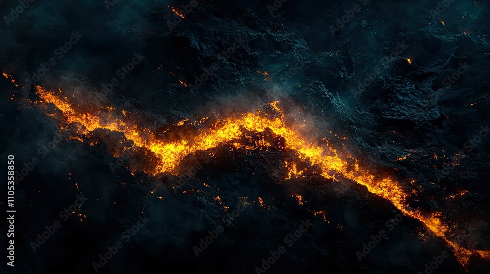 Aerial view of a fiery lava flow cutting through a dark volcanic landscape at night. Aerial view of a fiery lava flow cutting through a dark volcanic landscape at night.