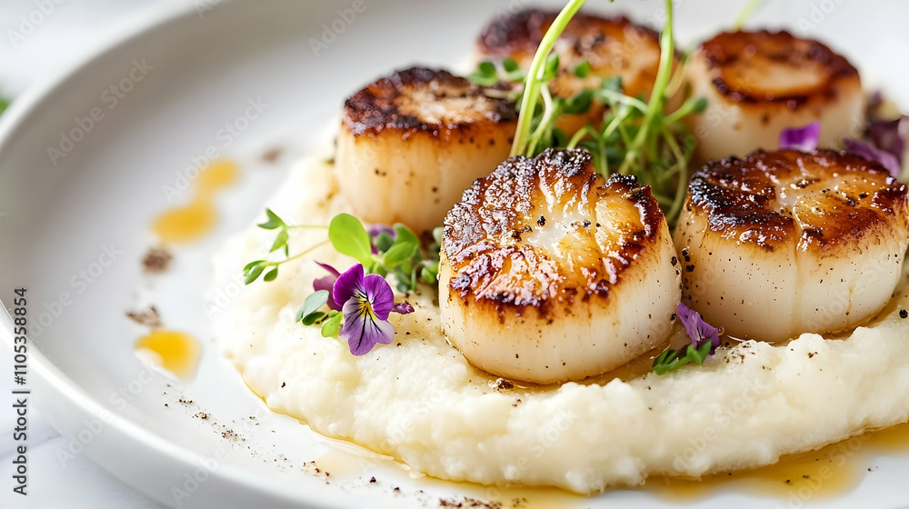 Perfectly Seared Scallops with Cauliflower Purée and Truffle Oil, Elegant Seafood Photography Perfectly Seared Scallops with Cauliflower Purée and Truffle Oil, Elegant Seafood Photography