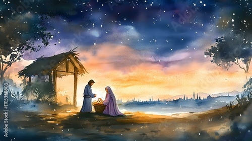 Nativity scene in Bethlehem. Watercolor painting. Christmas scene illustration showing holy family baby Jesus in the manger Mary and Joseph.