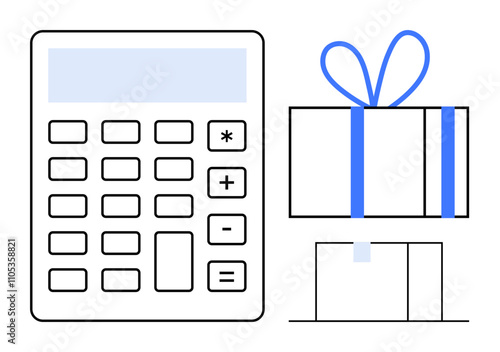 Calculator and two gift boxes, one with a bow, suggesting calculations related to gifts. Ideal for budgeting, finance, holidays, shopping, planning celebrations corporate. Line metaphor