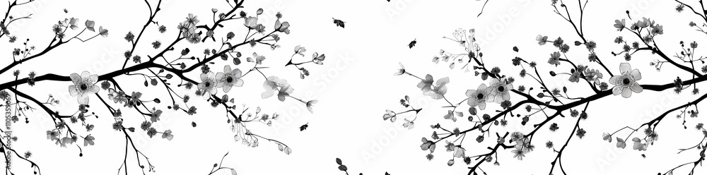 A seamless pattern of delicate cherry blossoms, with branches reaching out to the left and right sides on a white background A seamless pattern of delicate cherry blossoms, with branches reaching out to the left and right sides on a white background