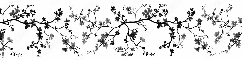 Fototapeta premium Seamless pattern of line art silhouette branches with leaves on a white background.
