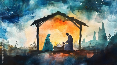 Nativity scene in Bethlehem. Watercolor painting. Christmas scene illustration showing holy family baby Jesus in the manger Mary and Joseph.