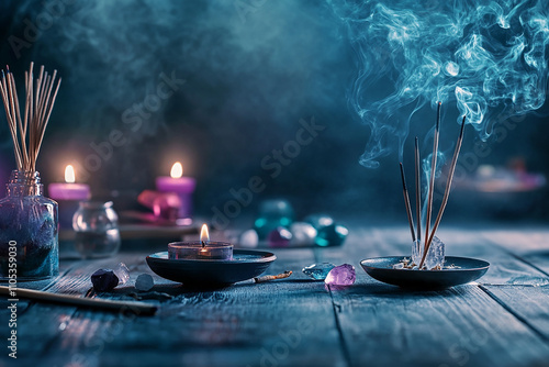 altar for meditation surrounded by burning incense, crystals, and candles. Soft blue and purple light fills the air, with swirling incense smoke creating a peaceful and sacred atmosphere. photo