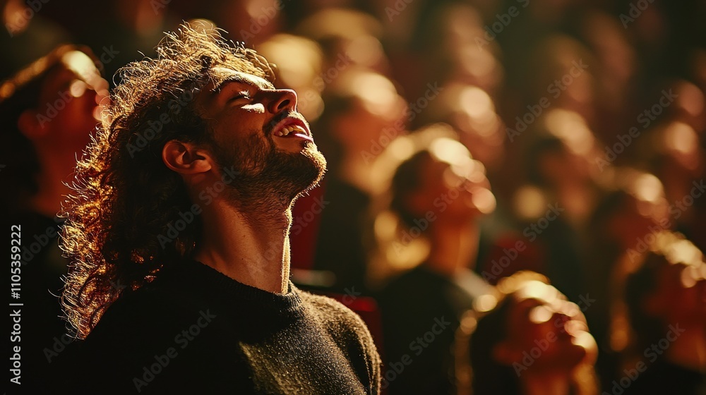 A joyful young man with curly hair enjoying a performance in a dimly lit audience. A joyful young man with curly hair enjoying a performance in a dimly lit audience.