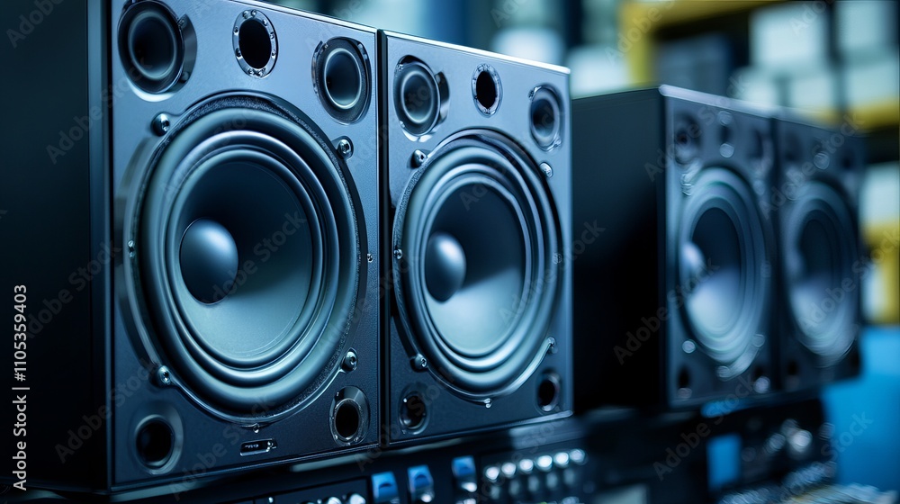Highend loudspeakers shown in a professional setting representing monitor sound systems for recording studios or home theaters Highend loudspeakers shown in a professional setting representing monitor sound systems for recording studios or home theaters