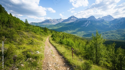 Wilderness mountains and survival, A scenic mountain pathway surrounded by lush greenery and a clear sky, inviting nature enthusiasts to explore the breathtaking landscape.