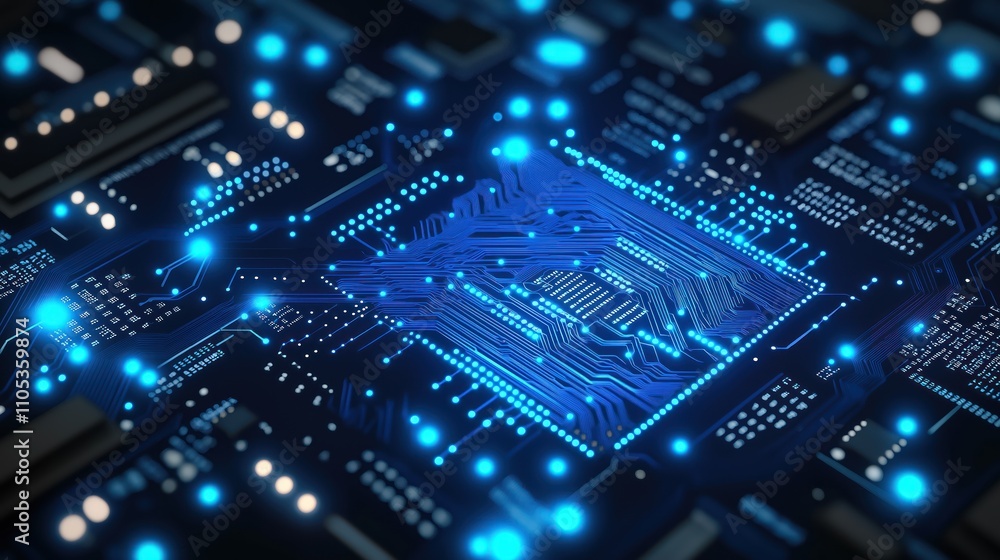 Close-up view of complex electronic circuit board. Intricate blue circuits highlight computer chip design. Future tech concept. Modern tech. High-tech details. Cyberpunk aesthetic. Advanced Close-up view of complex electronic circuit board. Intricate blue circuits highlight computer chip design. Future tech concept. Modern tech. High-tech details. Cyberpunk aesthetic. Advanced