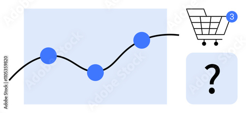 Trend line graph with three blue data points, shopping cart icon with notification bubble showing three items, and a large question mark. Ideal for e-commerce, analytics, market trends, statistics