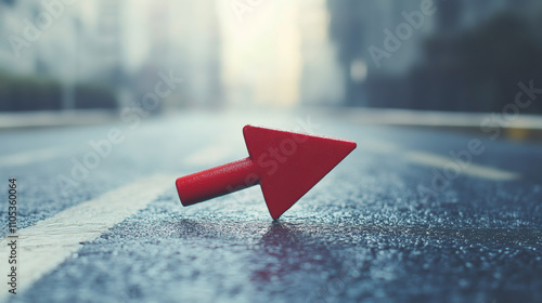 Red arrow indicating the way forward on a deserted city street after rain, symbolizing future, advancement, and fresh paths