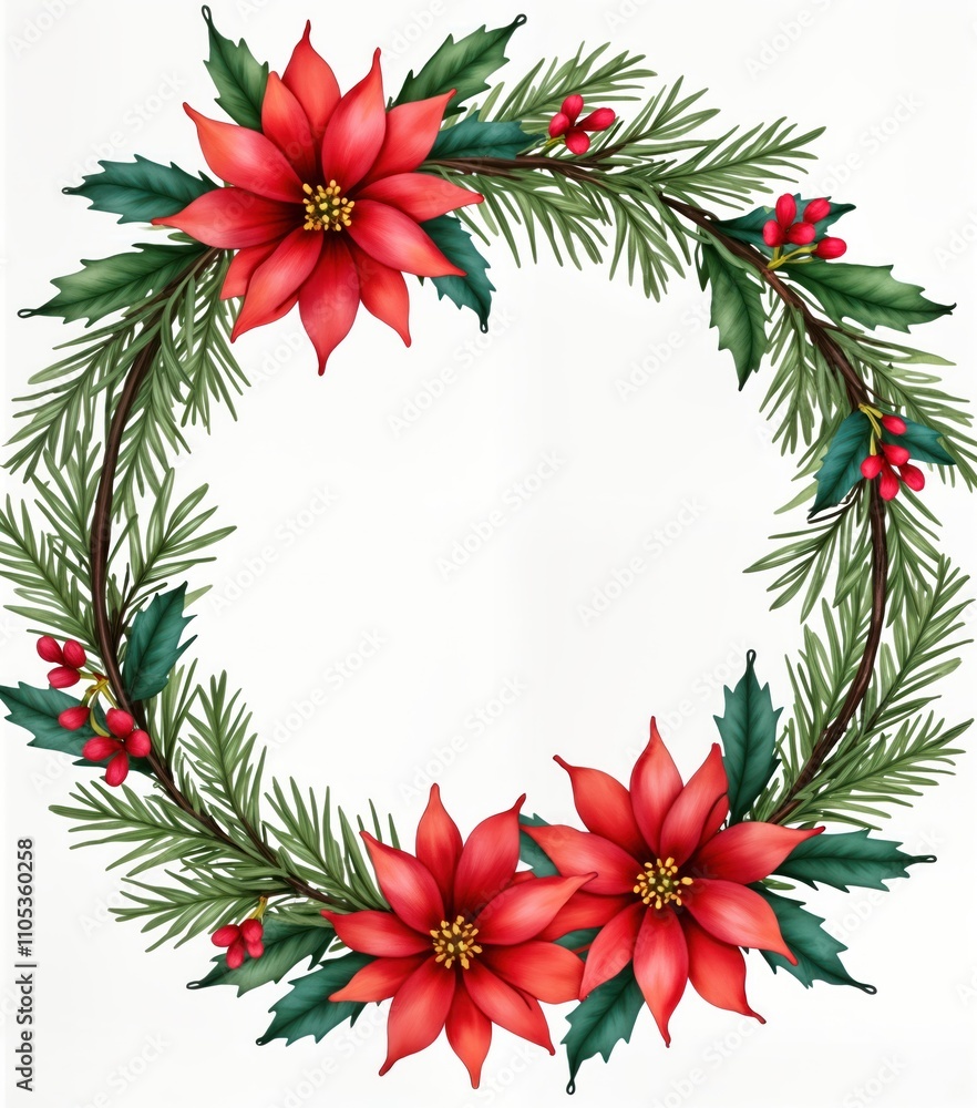 Fototapeta premium Elegant Christmas floral wreath design. Round border with red poinsettia flowers, pine branches. Festive greenery creates holiday greeting card template. Watercolor style. Perfect for invitations,