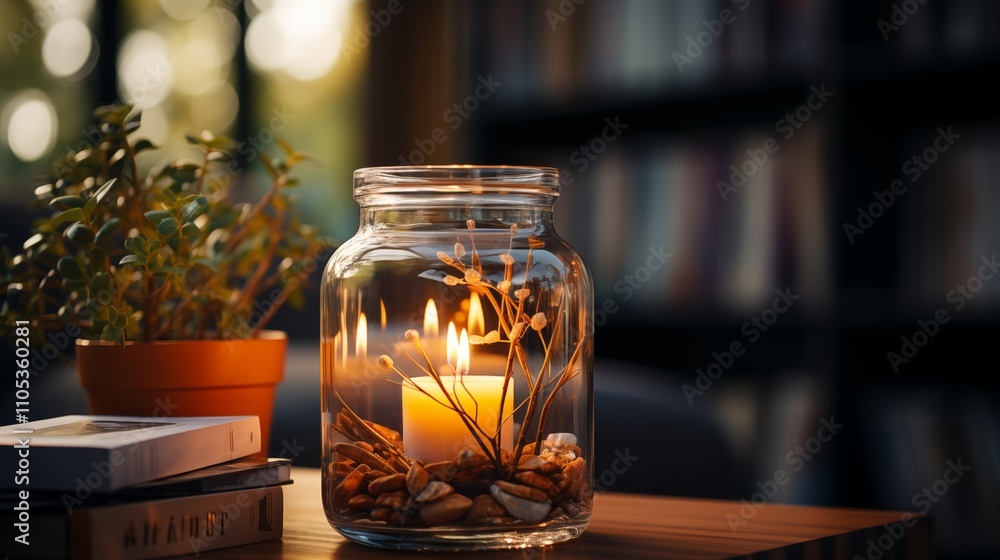 A glass jar candle with a gentle flicker, adding a touch of warmth to a contemporary living room. Perfect for accent decor. A glass jar candle with a gentle flicker, adding a touch of warmth to a contemporary living room. Perfect for accent decor.