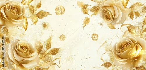 A luxurious floral pattern with golden roses and ivy vines, sparkling with gold glitter and a grunge sparkle effect.