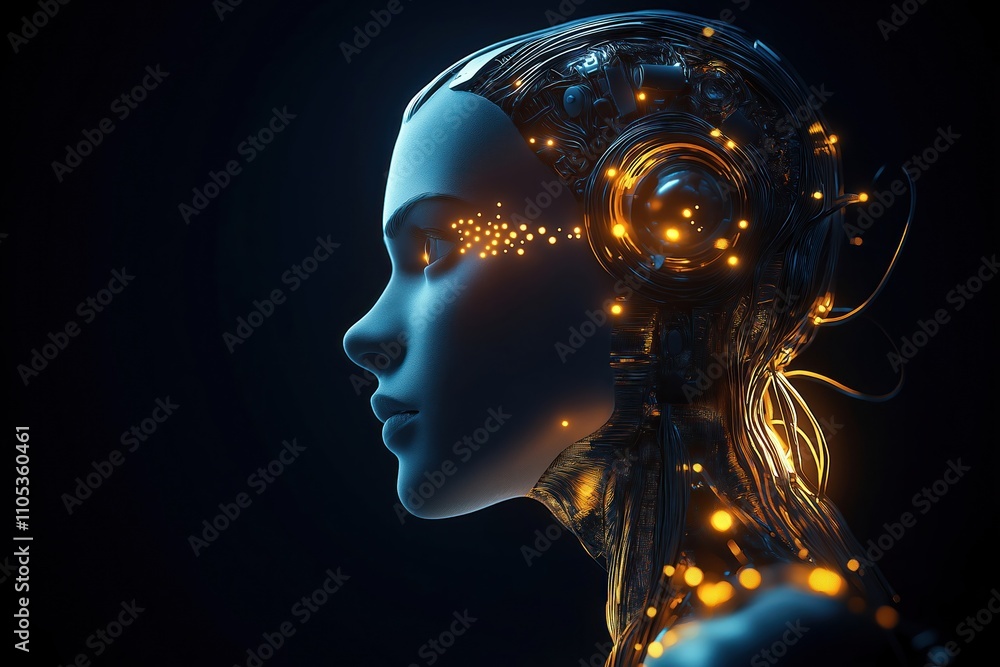 Futuristic cyborg profile looks away. Illuminated dots, wires detail cybernetic body. Dark background. Pensive expression. Advanced tech. Conceptual image. Artificial intelligence. Innovation. Futuristic cyborg profile looks away. Illuminated dots, wires detail cybernetic body. Dark background. Pensive expression. Advanced tech. Conceptual image. Artificial intelligence. Innovation.