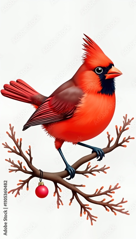 Beautiful red cardinal bird perched on branch with decorative christmas ornament. Watercolor illustration captures vibrant colors, detailed feather patterns of bird. Cute animal design perfect for Beautiful red cardinal bird perched on branch with decorative christmas ornament. Watercolor illustration captures vibrant colors, detailed feather patterns of bird. Cute animal design perfect for