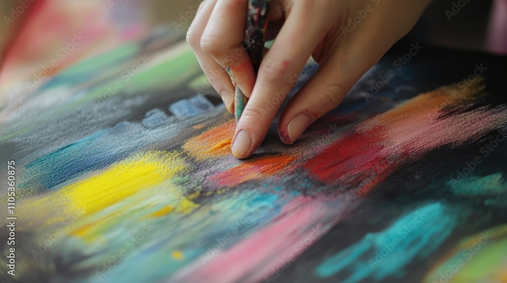 An artist blending chalk pastel colors with fingers, creating soft transitions on a drawing. An artist blending chalk pastel colors with fingers, creating soft transitions on a drawing.
