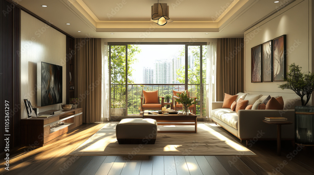 Fototapeta premium Modern living room featuring large windows, vibrant greenery, and tasteful decor in an urban apartment during daylight