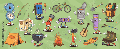 Retro cartoon groovy travel characters vector set. Camping and hiking items, compass, matches, binoculars and tent, bicycle, tin can, shovel or flashlight. Pot, campfire or axe, guitar, sleeping bag photo