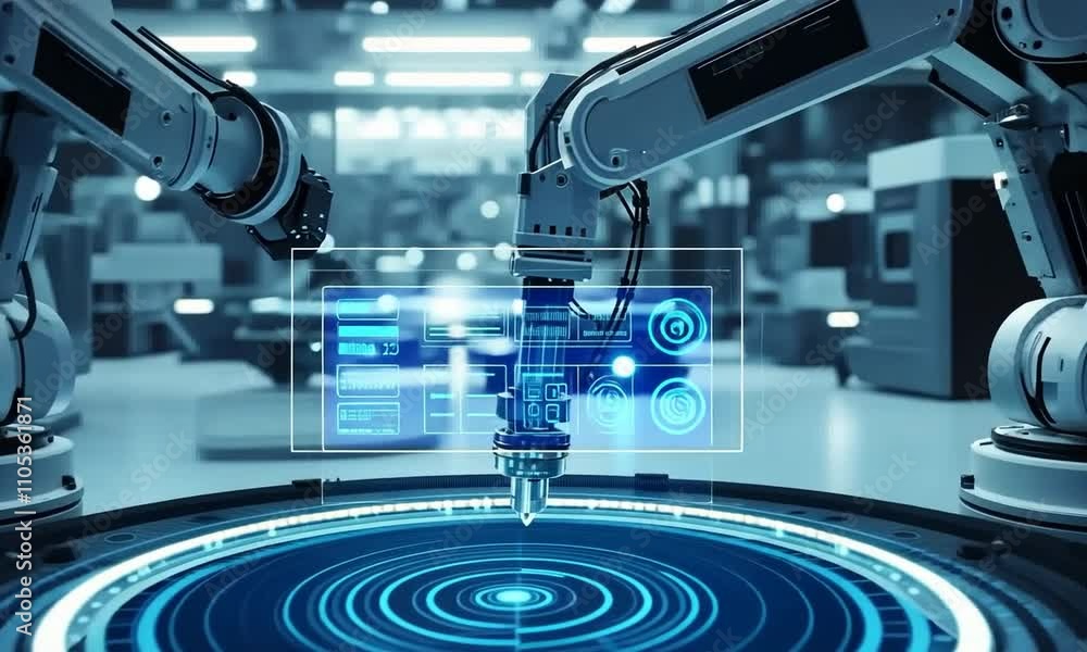 Robotic arms in a modern factory. Robotic arms in a modern factory.