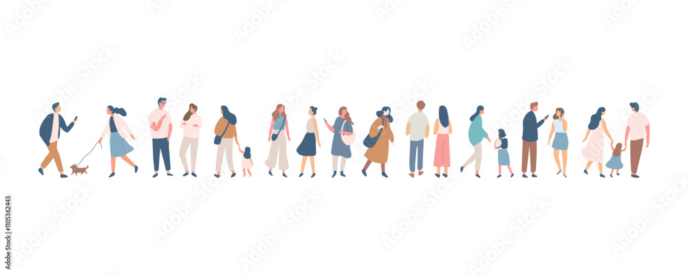 People crowd. Background flat design people vector horizontal banner. Men and women, parents, kids walking outdoor. People crowd. Background flat design people vector horizontal banner. Men and women, parents, kids walking outdoor.