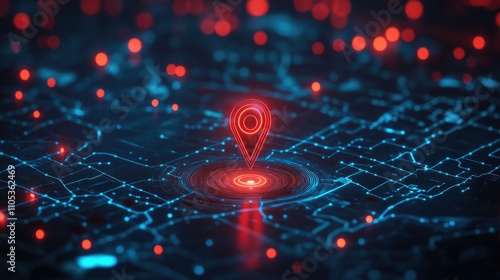 A virtual boundary map displayed on a monitor, with a pin marking a restricted geofence area.