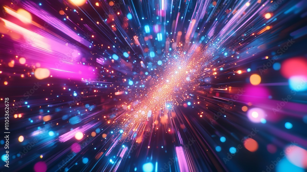 Fototapeta premium Vibrant Neon Fireworks and Swirling Light Trails Against a Dark Starry New Year's Sky