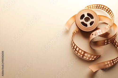 Vintage Film Roll with Twisted Film Strip Against a Soft Background, Evoking Nostalgia and Cinematic History, Perfect for Film Enthusiasts and Creative Projects