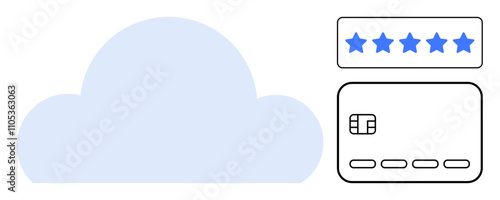 Cloud storage icon with credit card and five-star rating. Ideal for fintech, cloud security, digital payments, customer reviews, online shopping, secure transactions, user experience. Line metaphor