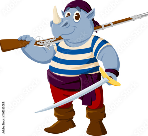 Cartoon rhinoceros animal pirate and corsair character wearing a striped shirt, red pants, and purple headscarf. Isolated vector adventurous rhino holding musket over its shoulder and sword in hand